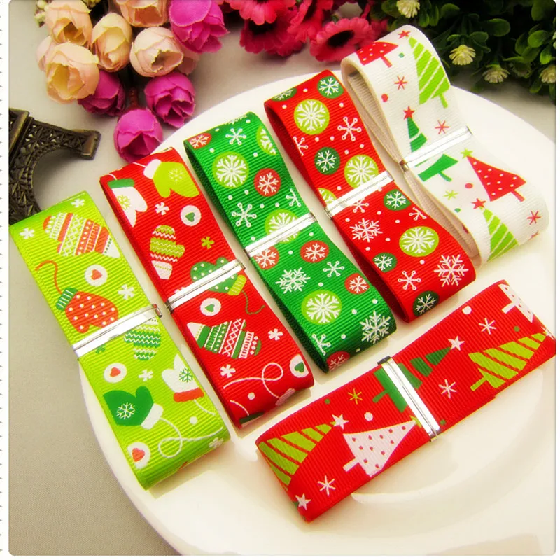 YJHSMY 1492168,25MM 6 style 5Yard/lot ribbon mix Christmas Series Printed grosgrain ribbon,DIY handmade materials,accessories