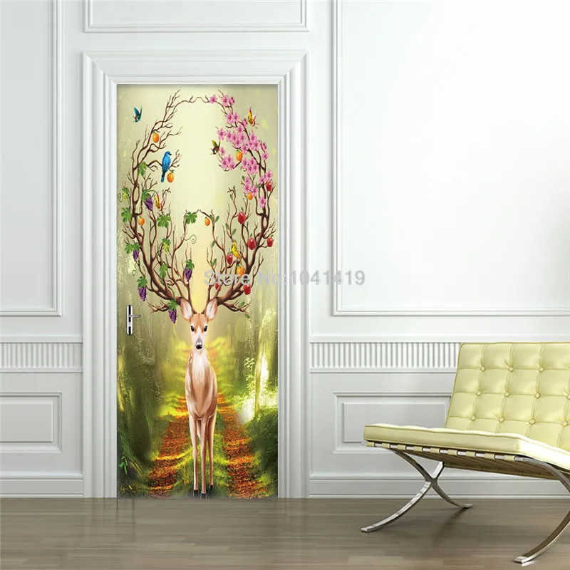 

3D Mural Modern Forest Animal Door Sticker Living Room Bedroom Home Decor Photo Wallpaper PVC Self-Adhesive Wall Sticker Poster