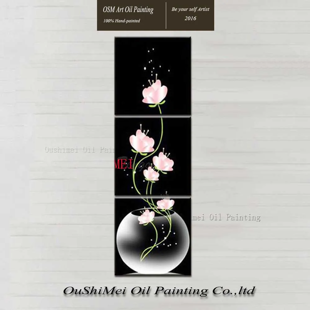 Hand Painted Modern Black Background Oil Painting On Canvas Pink Flower Paintings For Living Room Decor Wall Pictures Craft