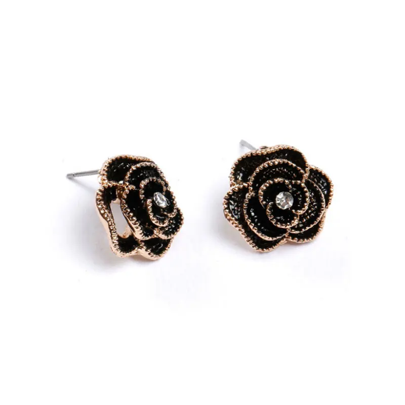 New Big Brand Camellia Earring Korean Rose Rhinestone Stud Earrings Black Luxury Woman Jewelry Party Gift