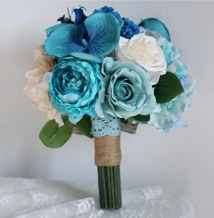 100% High quality vintage style bridal holding flowers Artificial Phalaenopsis Hydrangea Rose Berry wedding bouquet blue color