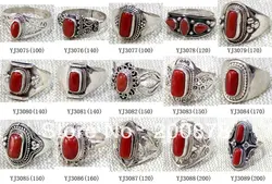 Mix Wholesale 10PCS Tibetan Jewelry Rings 925 Silver Inlay Natural Baboo Coral Rings for Man and Woman