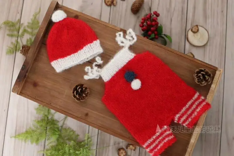 Christmas Crochet Mohair Baby bonnet Hooded Romper set Knit Newborn Overall Outfit  Santa Bonnet Newborn Girl Pants