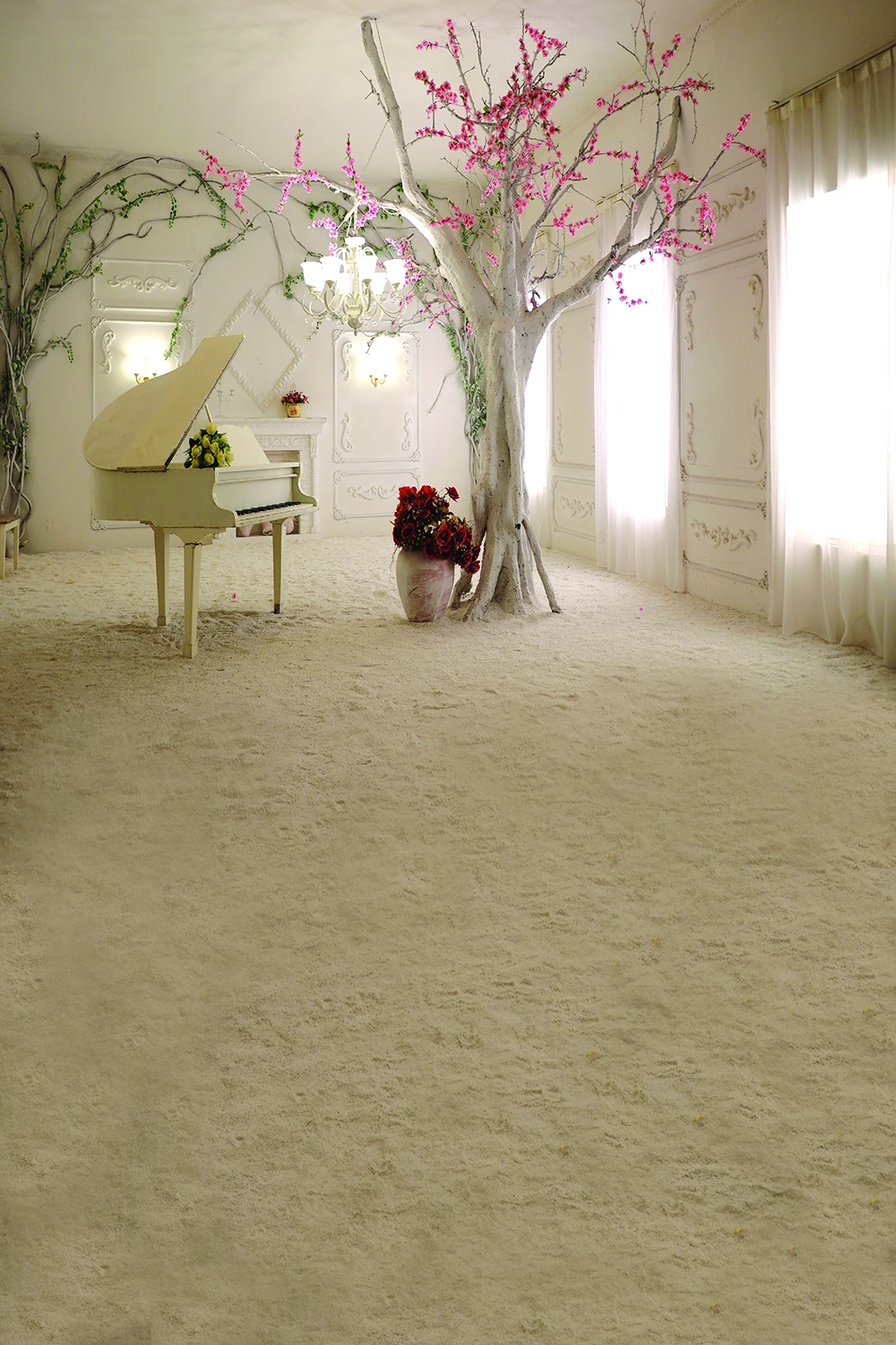 Indoor Room Pink Flowers Tree Piano Wedding Photography Backdrop Bright Window White Curtain Photo Studio Background Sandy Floor