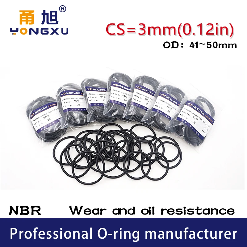 20PCS/Lot Black NBR Sealing O Ring CS3mm Thickness OD41/42/43/44/45/46/47/48/50*3mm Rings Seal Rubber Gasket Washer