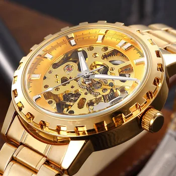 SHENHUA brand automatic skeleton mechanical watches full gold steel men&#x27;s Steampunk self-winding wristwatch Relogio Masculino