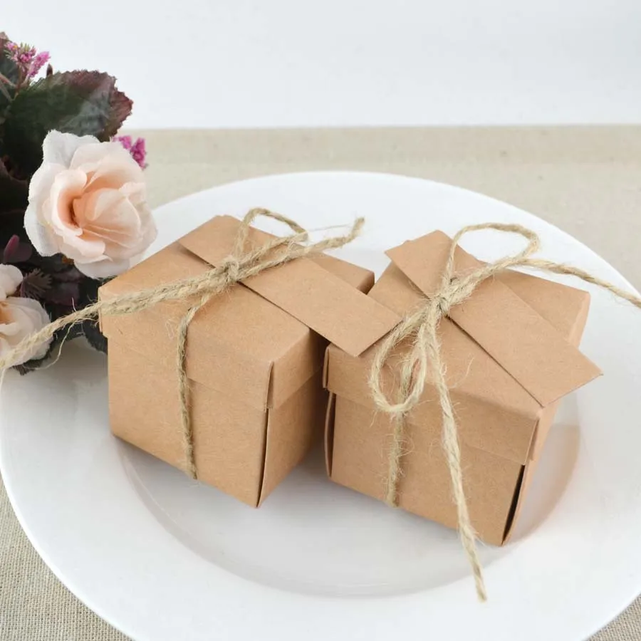 

5*5*5cm Kraft Paper Box With Jute Tie Candy Boxes Wedding Party Favor Box Gift Boxes 200pcs\lot Free shipping