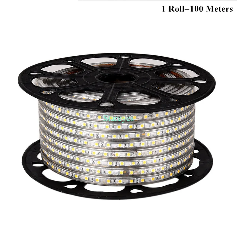 Free shipping 1 Roll 100 Meters SMD 5050 8mm PCB 60LED/M AC220V Led Strip IP67 Waterproof Flexible Led tape RGB Light Led Ribbon