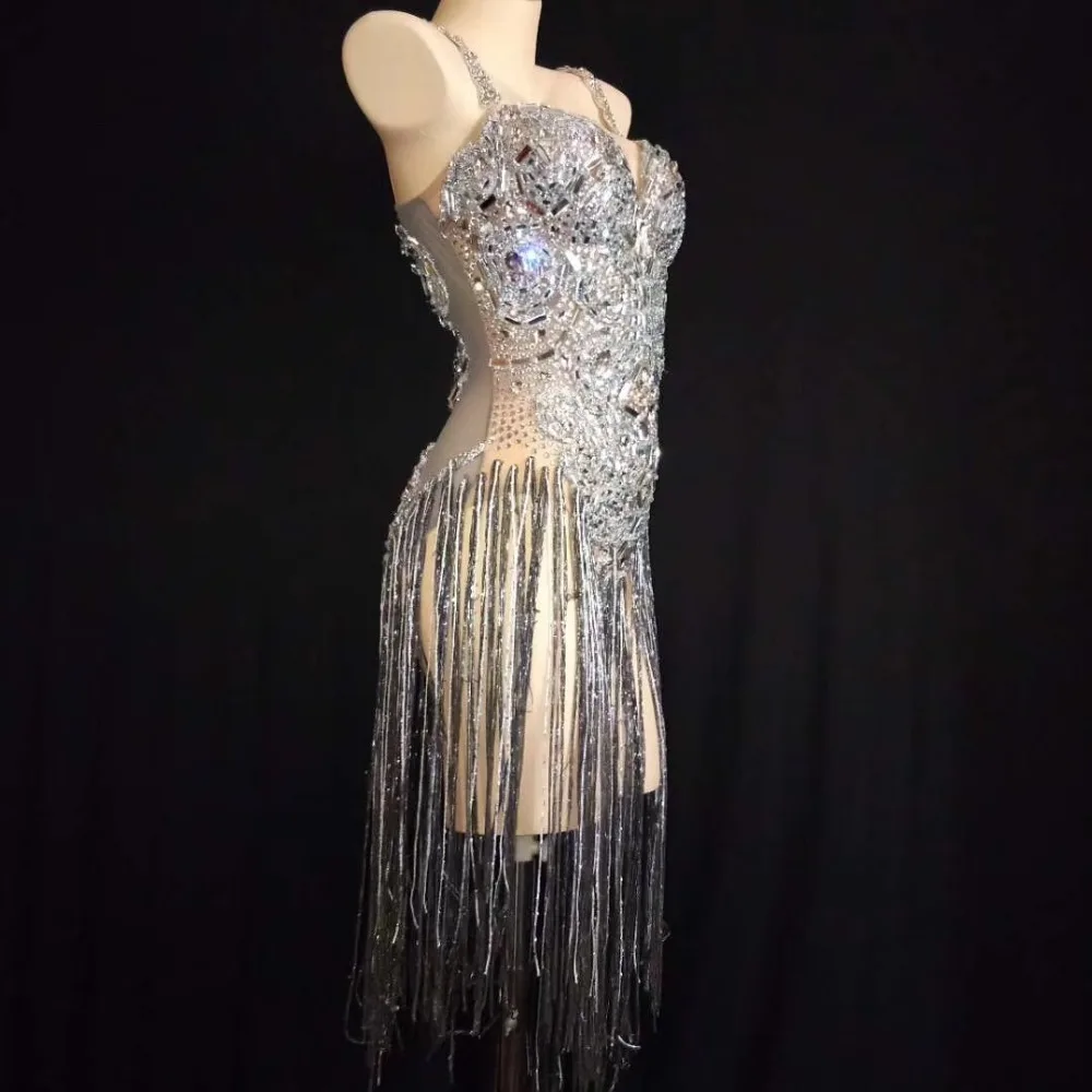 Body transparent en maille pour fête d'anniversaire, tenue de chanteur de danse, cristal argenté, brillant, Sexy