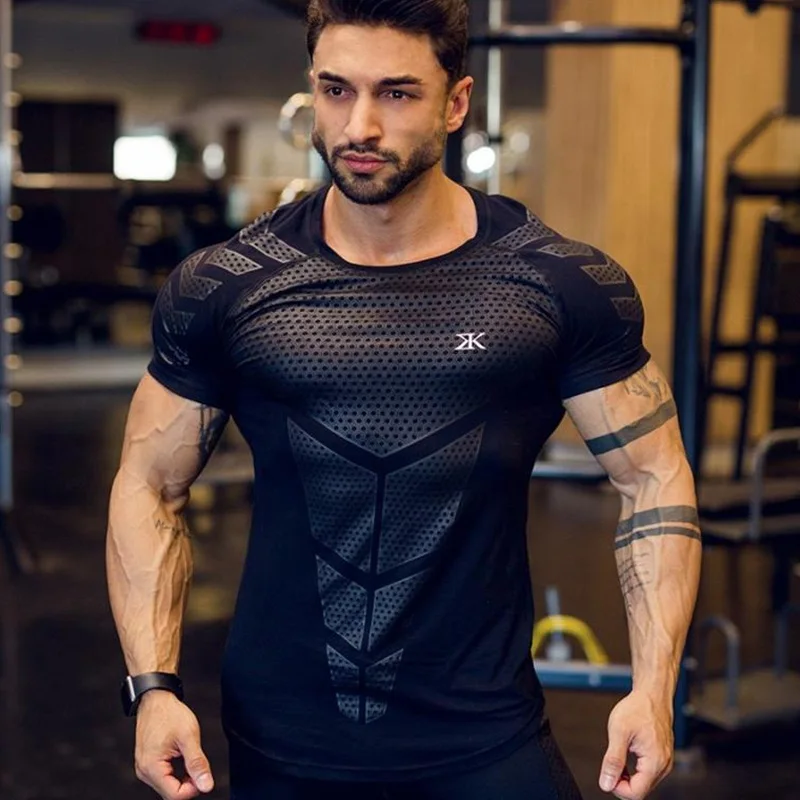 Compression séchage rapide T-shirt hommes course Sport maigre T-shirt court homme Gym Fitness musculation entraînement hauts noirs vêtements