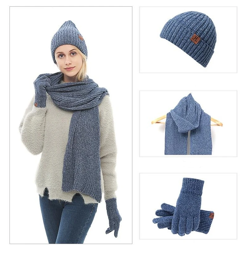 IANLAN Unisex Winter Solid Sets Hats + Scarves + Touch Screen Gloves for Men Women Knit Beanies Muffler Mitten Sets IL00198