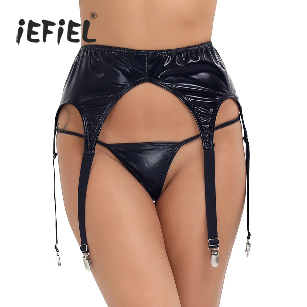 IEFiEL-liguero de charol Wetlook para mujer adulta, medias de plástico con Clip de Metal, sujetador de cinturón