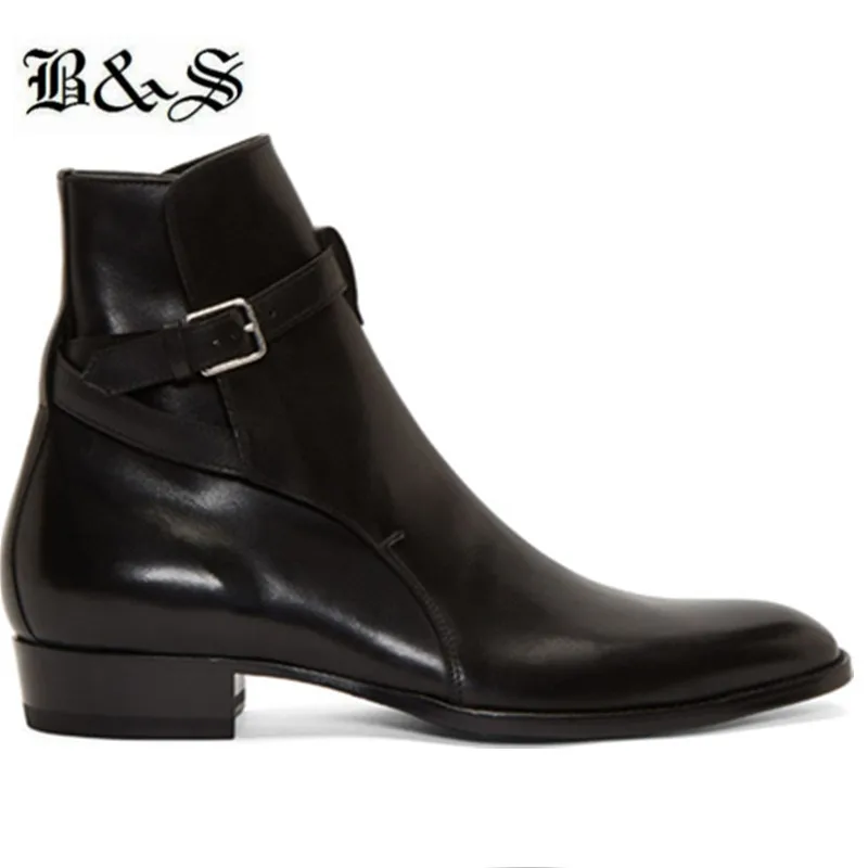 

Black& Street Real picture wyatt classic black MID Buckle Strap Men Chelsea Boots genuine Leather Wedge Harness Boots