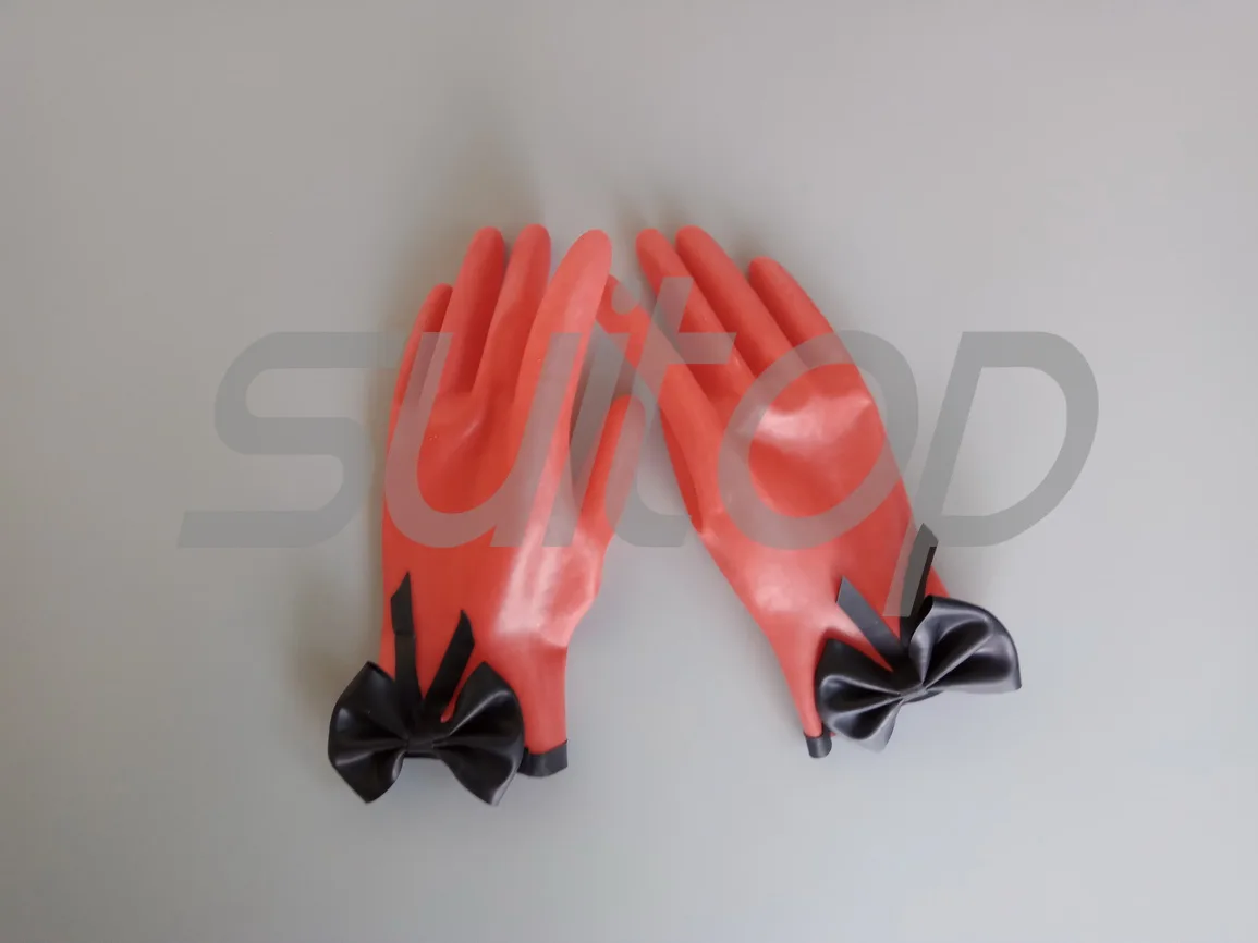 Suitop Latex rubber  short gloves in red and black trim BOW-TIE