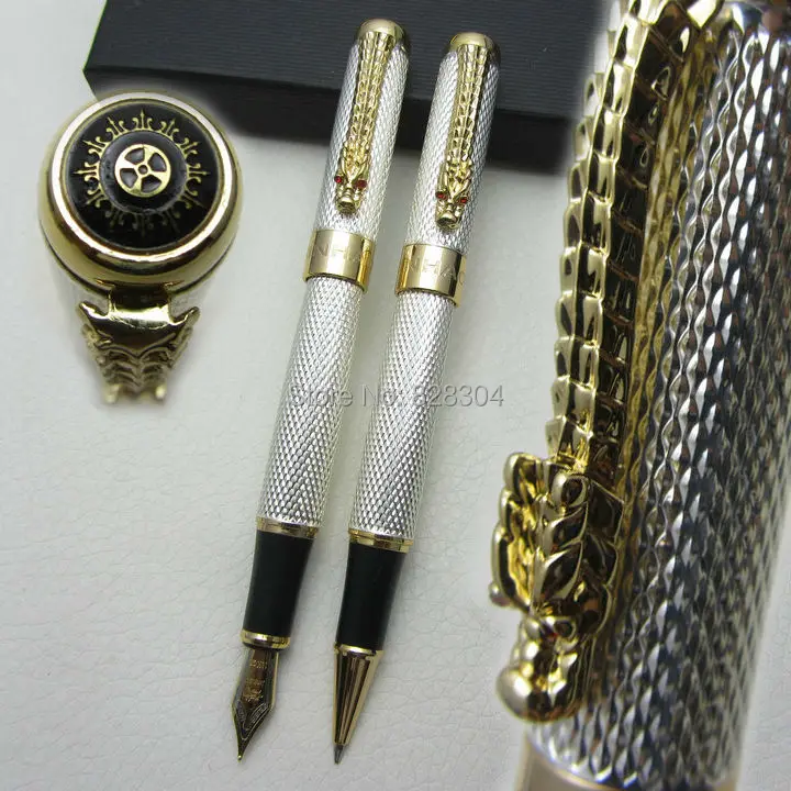 

2pcs Jinhao high quality silver dragon noble feel heavy medium nib fountain pen+ roller pen shipping