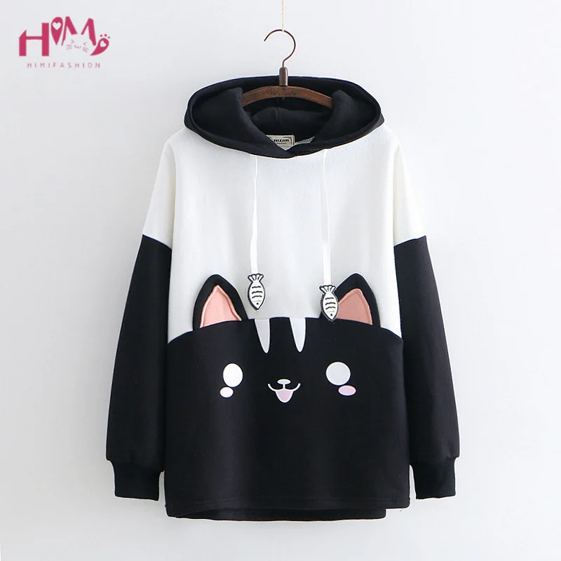 Sudadera con capucha con estampado de gato negro para mujer, ropa de estilo Kpop japonés, Sudadera con capucha Kawaii Harajuku Lolita, moda de