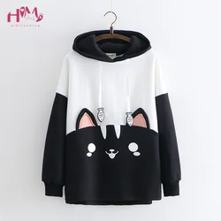 Sudadera con capucha con estampado de gato negro para mujer, ropa de estilo Kpop japonés, Sudadera con capucha Kawaii Harajuku Lolita, moda de otoño, 2020