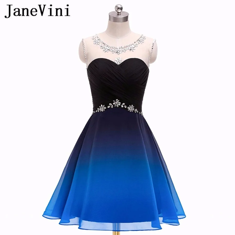 

JaneVini Elegant Gradient Chiffon Short Prom Dresses 2019 Scoop Neck A Line Crystal Beaded Plus Size Mini Formal Evening Gowns