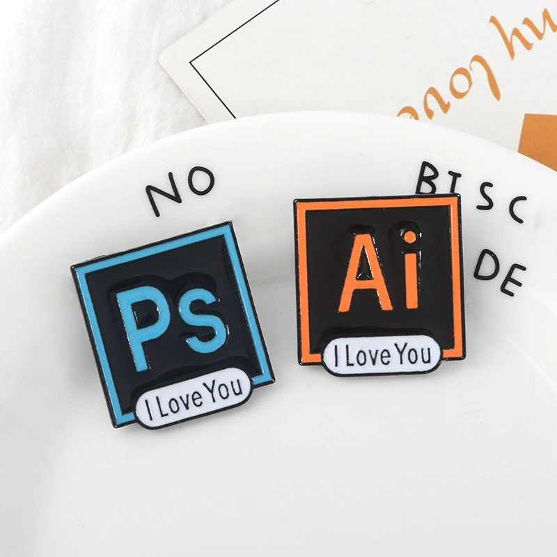 Ai Ps Icon and Phrase 'I Love You' Enamel pins Graphics Processing Tool Badges Brooches for Women Men Designer Jewelry wholesale