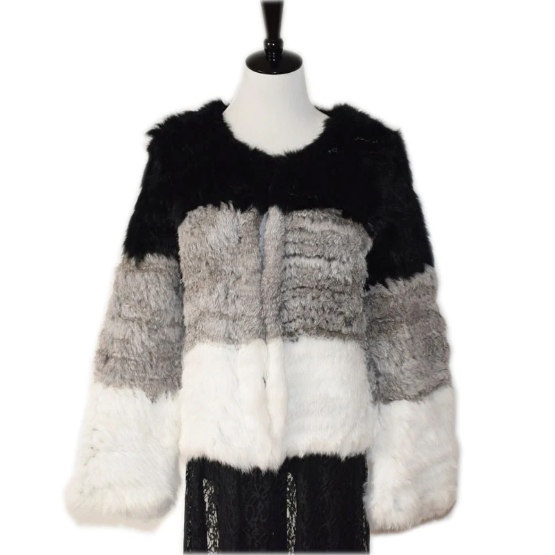 harppihop 100% Natural Real Knit Rabbit Fur Cardigan Coat Jacket Thick Irregular Collar Garment Rabbit Fur Knitted Outerwear