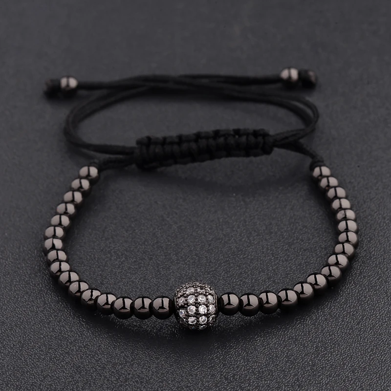 Braided Charm Men CZ Zircon Pave Copper Ball Bracelets Round 4mm Beads Gold Color Macrame Bracelets Party Gift AB1004