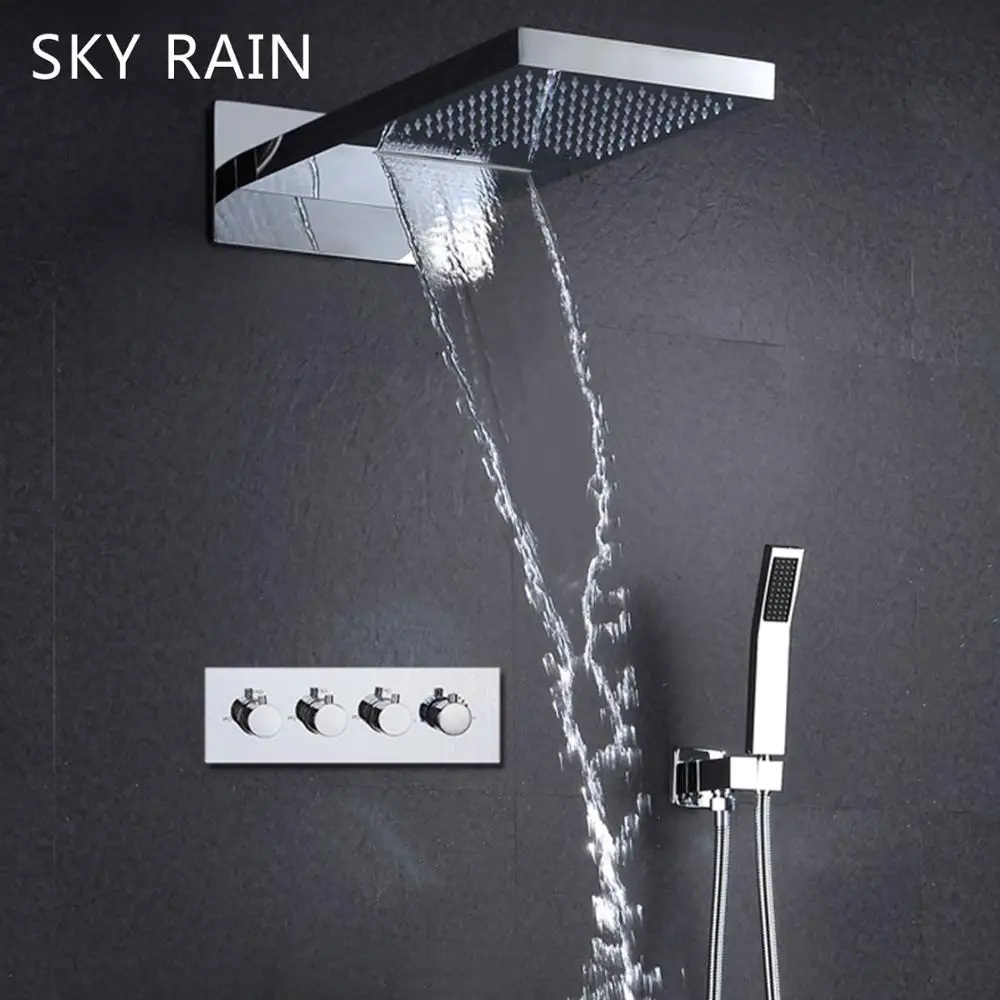 2024 Bathroom Wall Mounted Modern Style Multi Function Rainfall Waterfall Shower Head Panel Set Thermostatic Mixer High Flow