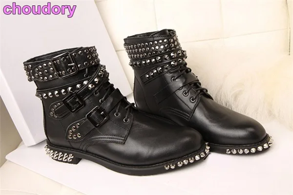 

Wowmen Sexy Rivets Knight Boots Low Heel Buckle Strap Ankle Boots Punk Style Studded Riding Boots Motorcycle Ankle Boots Spike