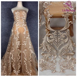 La Belleza beige,Off white/Black polyester on mesh heavy embroidery wedding dress lace fabric 1 yard 51