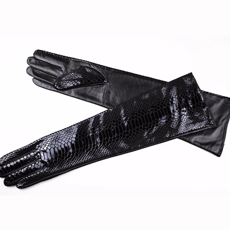 New Crocodile Pattern Long Sheepskin Leather Gloves Women Elbow Velvet Lining Autumn Winter Warm Arm Cover Black