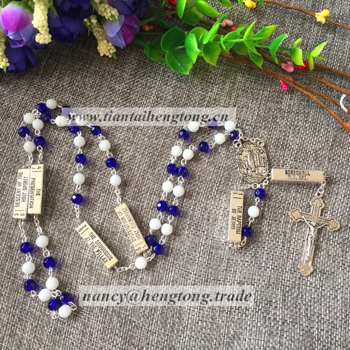 

6mm glass bead rosary, religious rosary with FATIMA medal, catholic necklace with silver or gold plating metal conncetor