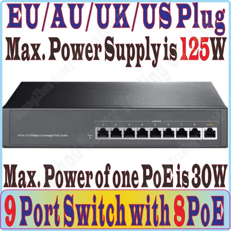 9 port 8 poe 100Mbps switch IEEE802.3af PoE suit for all kind of poe camera or AP, Maximum PoE Output Power 125W, FreeShi/ping