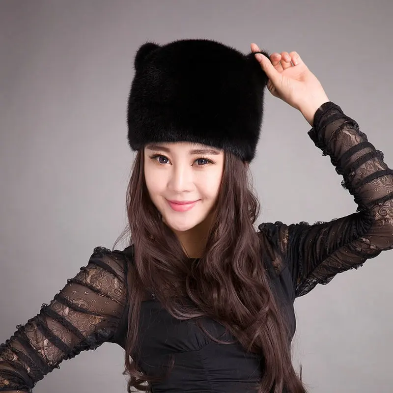 Wholesale Women Hats Whole Skin Mink Fur Elegant Fashion Warm Ear Cap Cut Cat Ear Mink Whole Leather Real Fur Hat Female