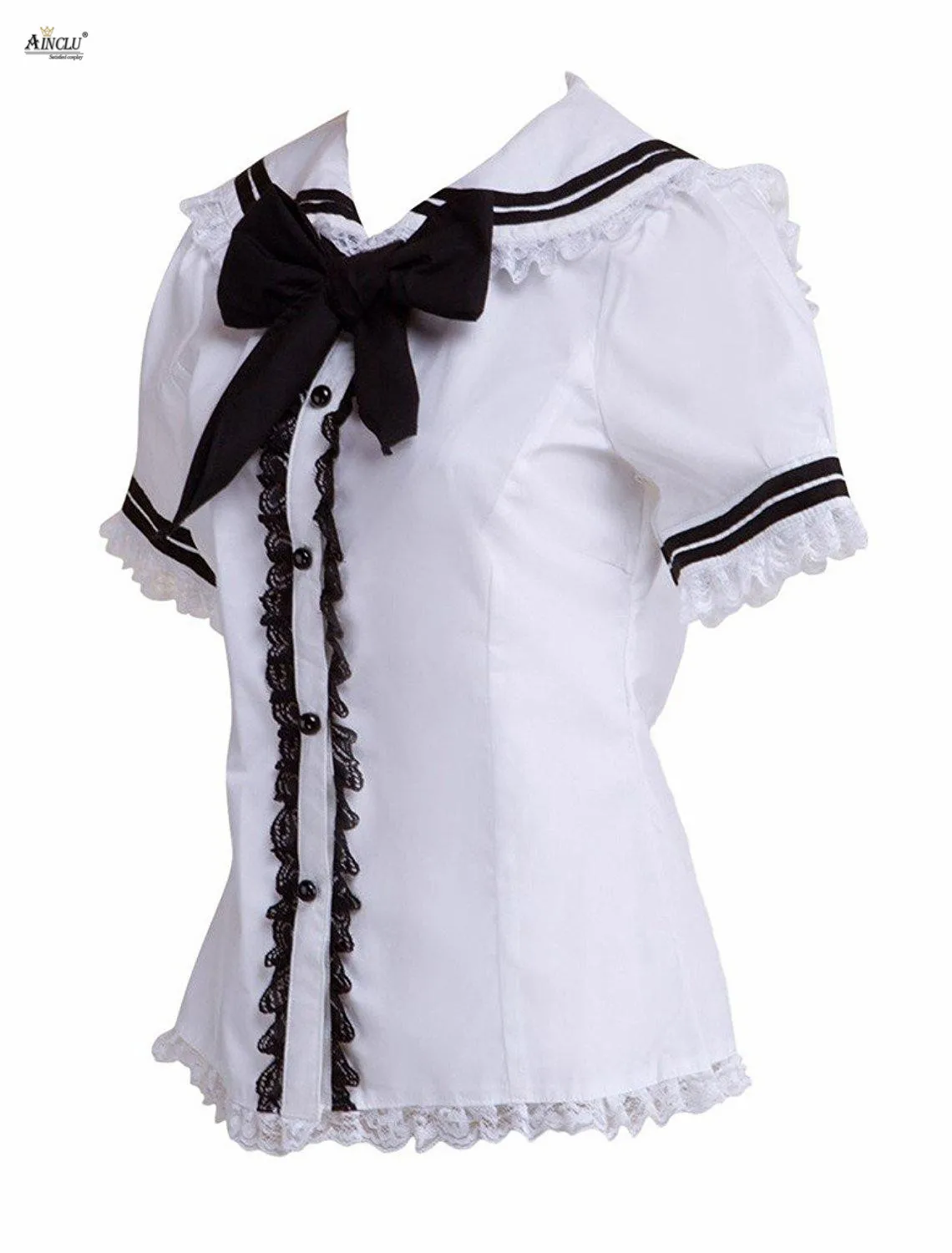 Ainclu Womens White Lolita Blouse Short Sleeves Cotton Fresh Lolita Tops Big Bow Cosplay Size XS-XXL