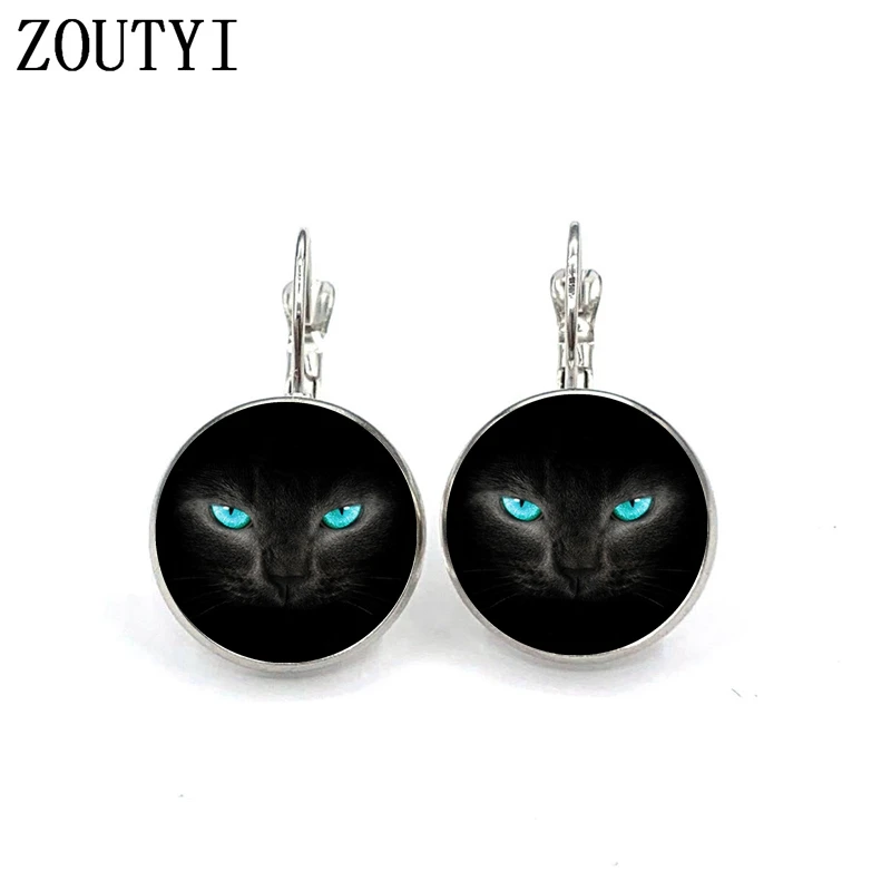 New/glamour fashion blue-eyed black cat pattern photo, convex glass inlay earrings, feminine decoration.