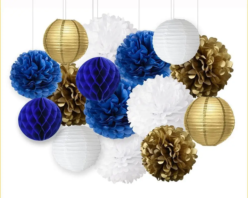 15 unids/set azul marino blanco oro fiesta papel flor tejido pompones linterna de papel bola para Baby Shower revelar decoraciones