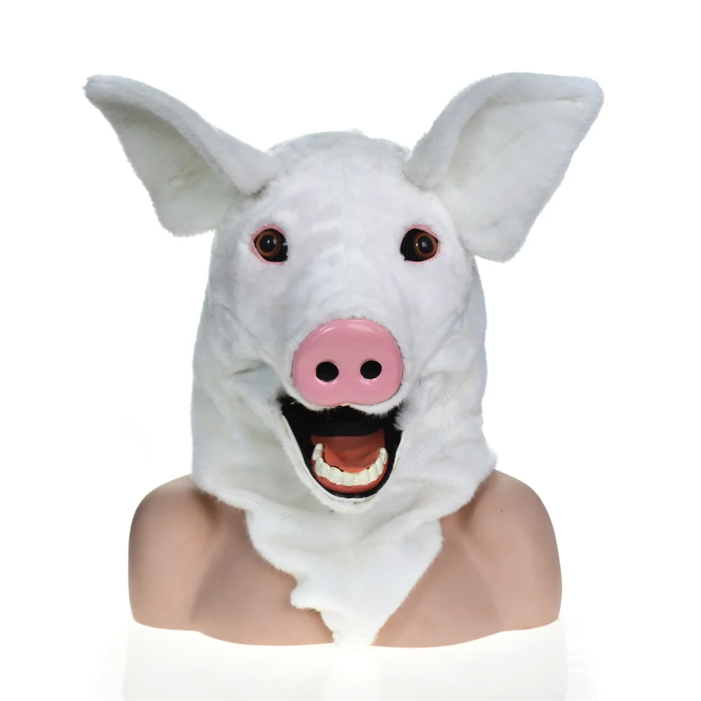 2022 HUITAI PLUSH  HANDMADE HALLOWEEN MOVING MOUTH MASK  WHITE PIG  FALSE FACE  COSPLAY PROPS