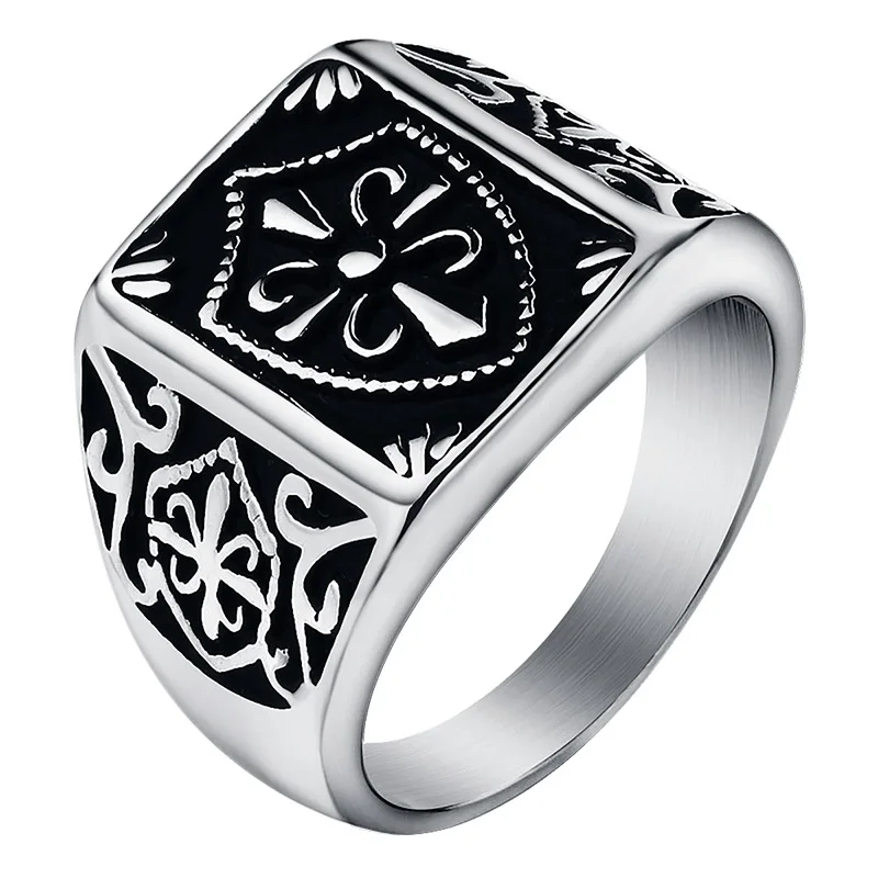 Fashion Gold Color Fleur De Lis  Shield Ring Men\'s  Silver-Color Cross Crest Signet Ring Stainless Steel Biker Jewelry Size 7-14