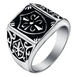 Fashion Gold Color Fleur De Lis Shield Ring Men's Silver-Color Cross Crest Signet Ring Stainless Steel Biker Jewelry Size 7-14