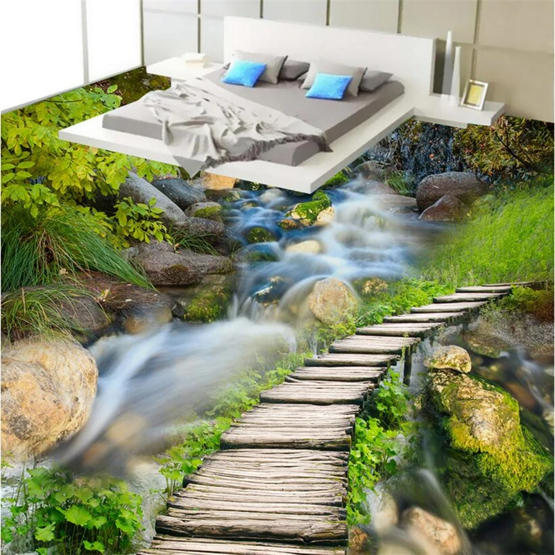 beibehang Custom Photo Floor 3D Waterproof Wearable PVC Floor Painting Creek Wooden Bridge Naked Top Floor papel de parede