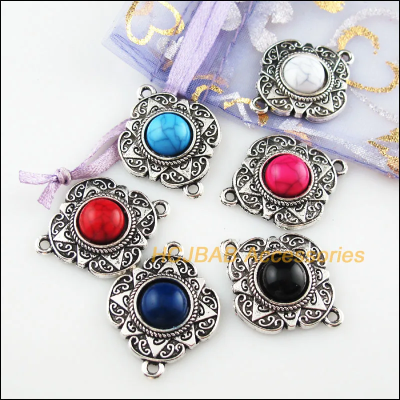 6Pcs Tibetan Silver Flower Mixed Stone Charms Pendant Connectors 23.5x30mm