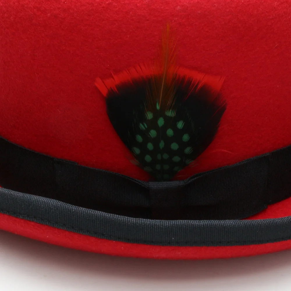 LUCKYLIANJI 100% Wool Unisex Spring Autumn Feather Decoration Derby Bowler Hat in Black and Red Fedora Hat Classical Cap Chapea