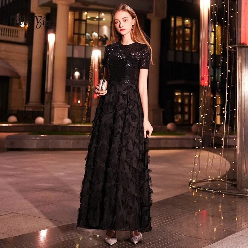 Customized Long Evening Dresses Women Elegant Sexy Lace O neck Long Evening Gown Black Sequined Dress robe de soiree WY1083