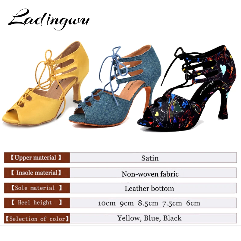 Ladingwu New Girl Dance Shoes Floral Satin Lace-up shoes Latin Dance Shoes Women Samba Party Ballroom Soft Bottom Shoes Size