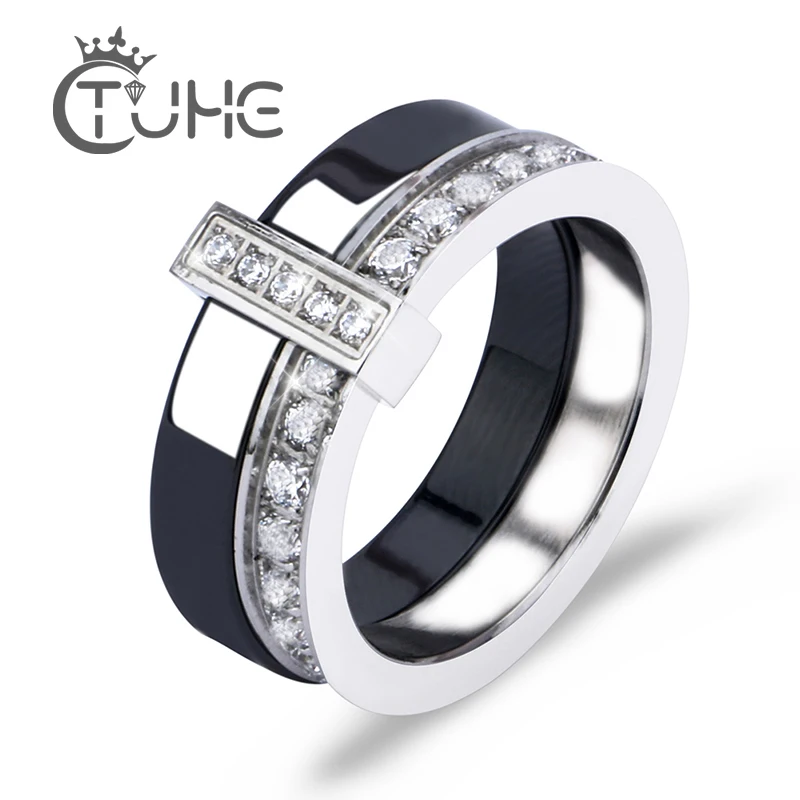 Black White Ceramic Ring With One Row Australia Zircon Two Layers Stainless Steel Thin Engagement Rings For Women Jewelry