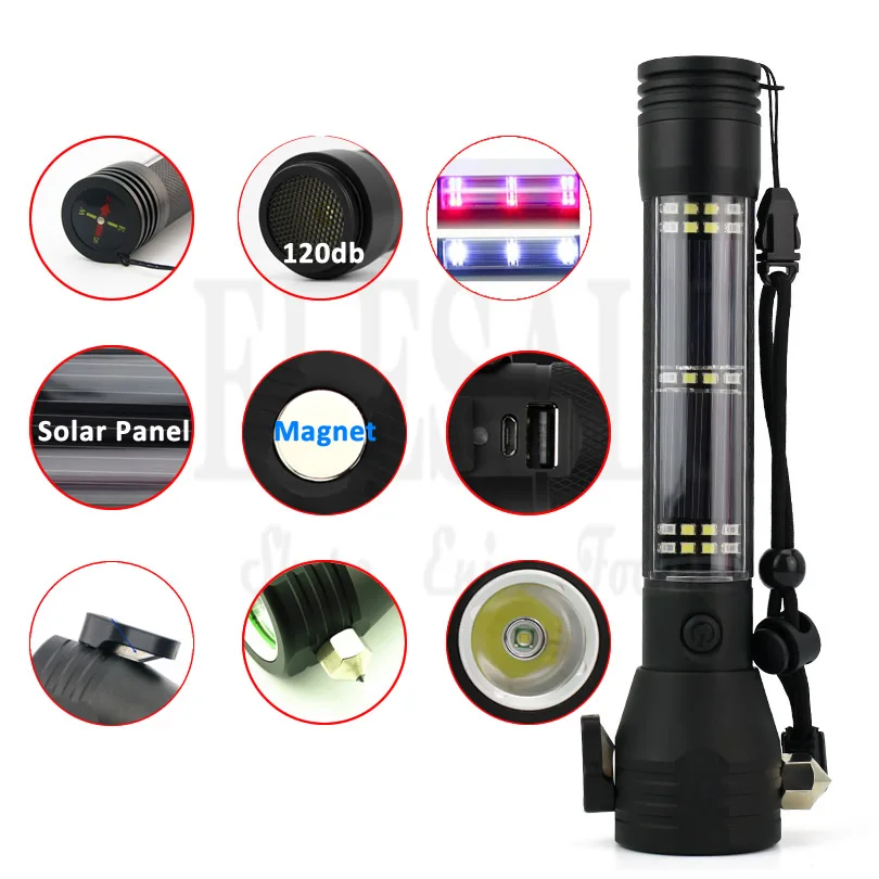 Multi Function Self Defense Flashlight Solar Powered Car Outdoor Survival Strobe Led Light Emergency Glass Breaker 120dB Alarm