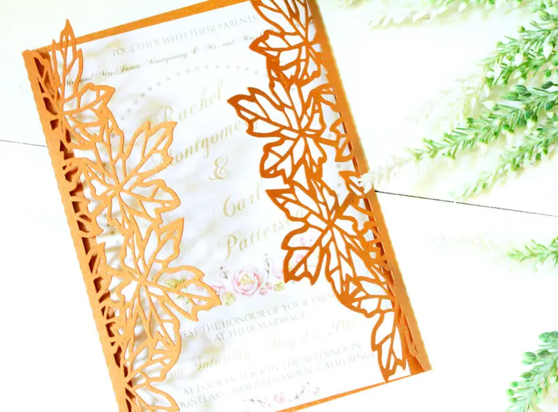 50pcs Orange Autumn leaves Invitation Card  Wedding Invitation,laser cut custom invitations, personalized greeting card