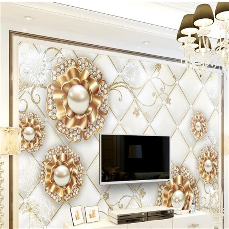 

wellyu Custom wallpaper 3D Soft Bag High-End Luxury Gold Diamond Flower Jewelry Wall papel de parede papier peint behang