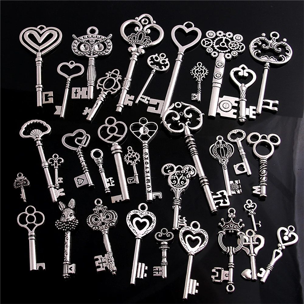 

30pcs 20-45 Pattern Antique Metal Mixed Brass Zinc Alloy DIY Key Shaped Charm Pendant Making D0954 Charms