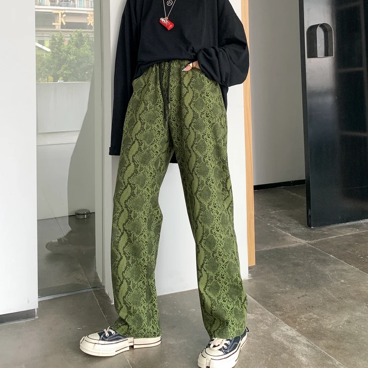 

Women High Waist Snakeskin Wide Leg Pants Streatwear Lady Loose Casual Long Harem Trousers Femme Punk Bottoms Straight Pantalon