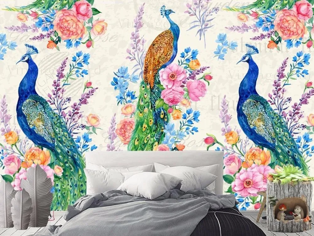 Chinese Luxury 3D Murals Wallpaper Photo peacock Wall Mural Living Room Bedroom Retro Hand Painted 3D Vinyl Wallpaper